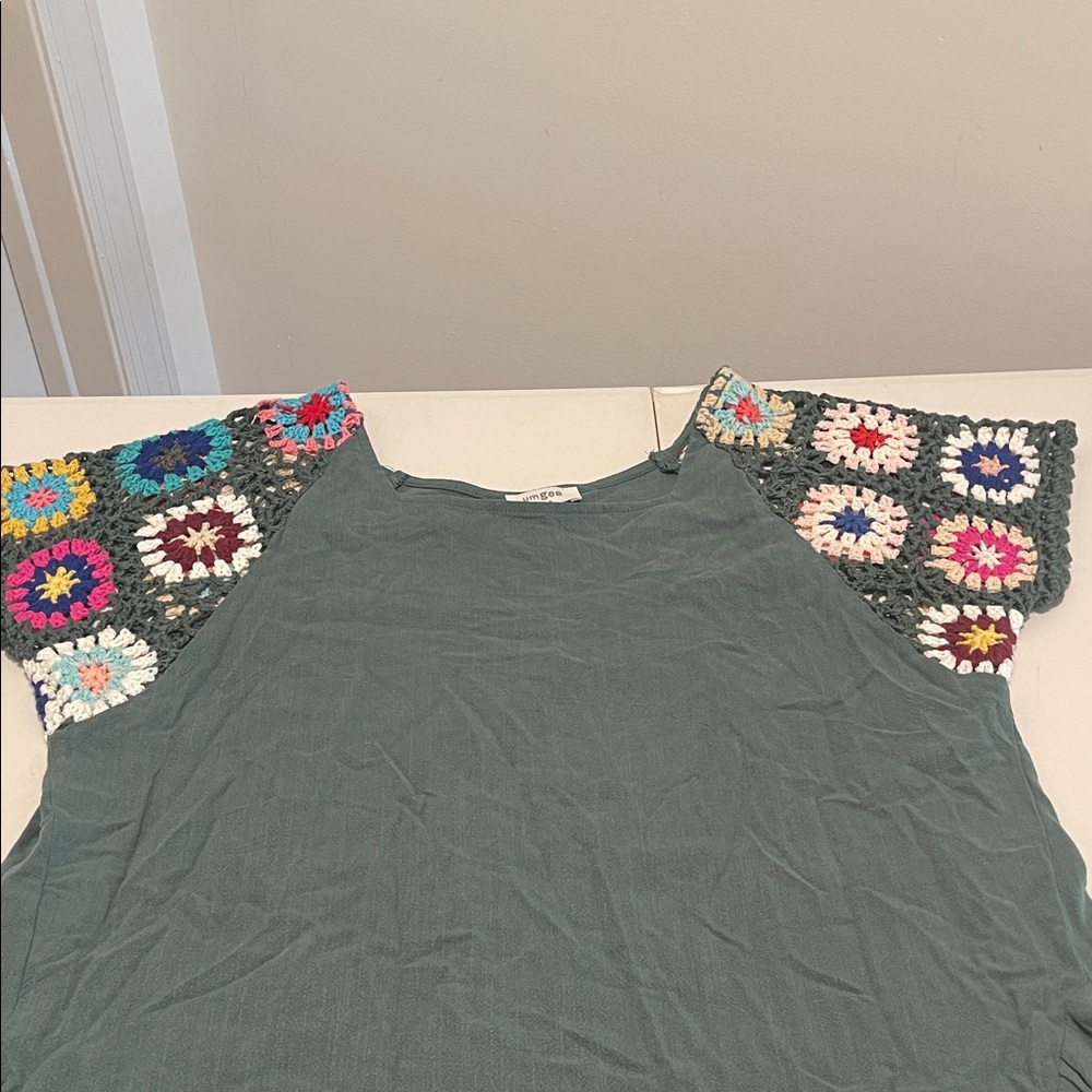 Hippy 70s Retro Crochet Linen Blend Top Granny Square Crochet Sleeves Size Small - Picture 4 of 14